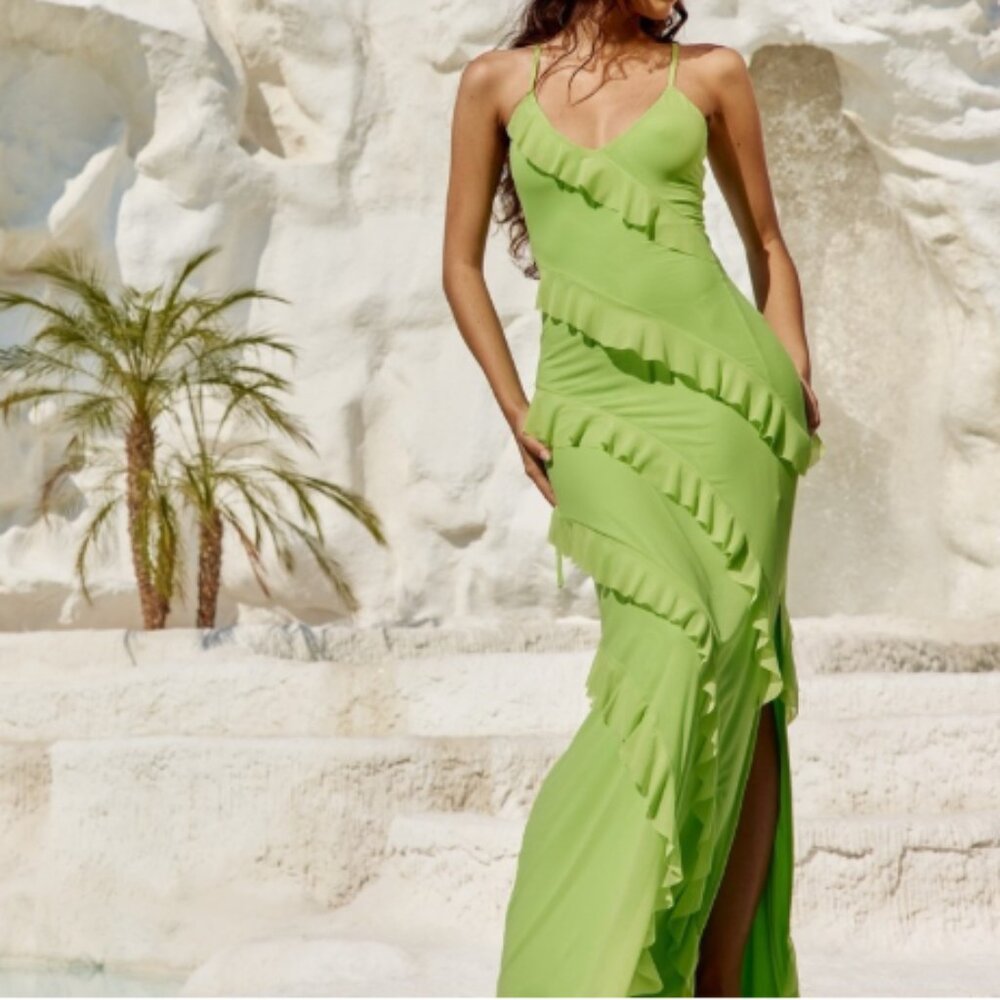Lime Green Ruffle Maxi Dress - Women's Elegant Evening Dress